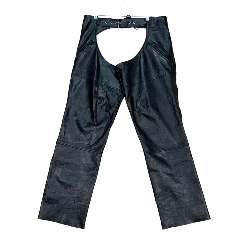 First Manufacturing Co Motorcycle Chaps Men Large Black Snaps Leather Vented FMC